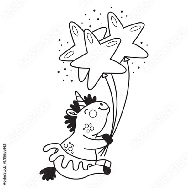 Obraz Cute unicorn holding a star balloons coloring vector illustration
