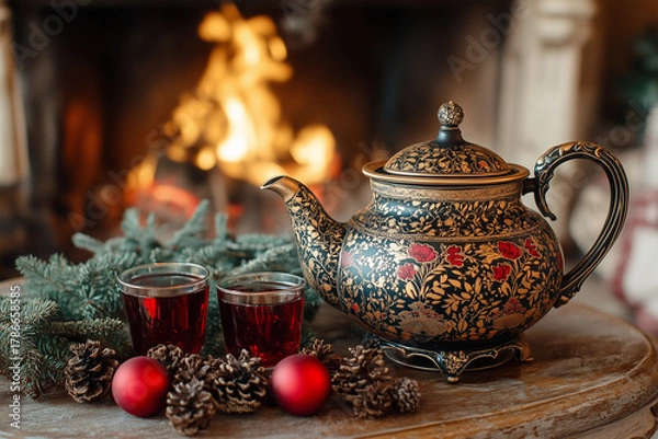 Obraz Beautifully crafted teapot with red tea and festive decorations by a cozy fireplace during winter