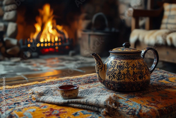 Obraz Warm tea served by the fireplace in a cozy cabin during a winter evening