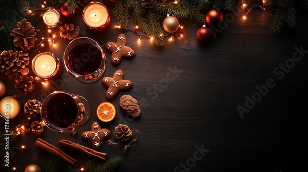 Obraz Holiday celebration with drinks, cookies, and candles on a cozy table decorated for winter festivities