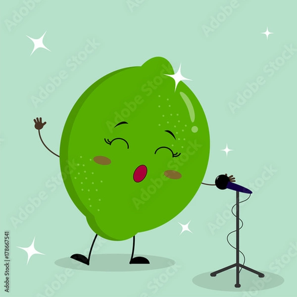 Obraz Сute lime Smiley in a cartoon style sings into the microphone.
