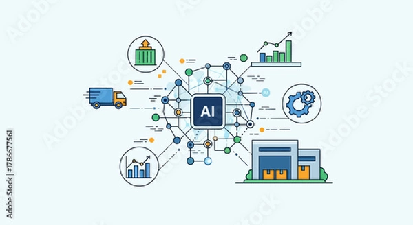 Fototapeta An insightful vector illustration highlighting artificial intelligence's pivotal role in streamlining modern supply chains, optimizing logistics, data, and business efficiency.