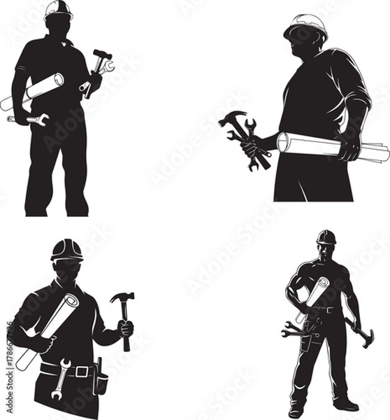 Fototapeta Construction workers with blueprints and tools – bold black and white silhouette icons of labor, engineering, and safety