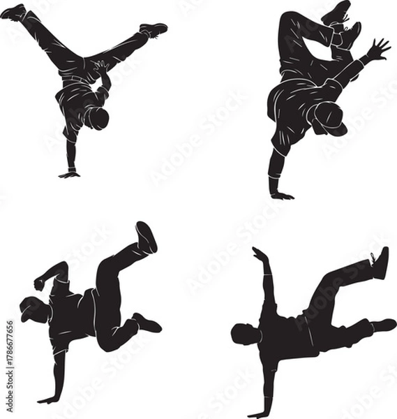 Obraz Breakdancers in dynamic poses – bold black and white silhouette icons of street dance, motion, and athleticism
