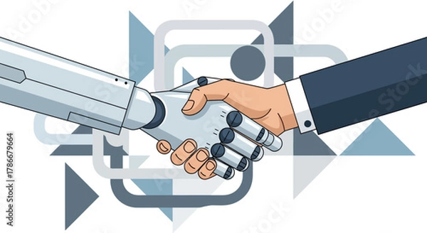 Fototapeta A symbolic handshake between a human and a robot hand visualizes the future of artificial intelligence, technological collaboration, and modern business partnerships.