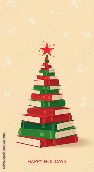 Obraz A stack of red and green books forms a Christmas tree with a star on top. An illustration conveying holiday spirit and knowledge.. Festive season, holiday reading, book tree.