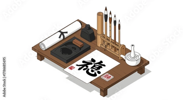 Obraz Traditional chinese calligraphy set with brush, ink stone, and rice paper