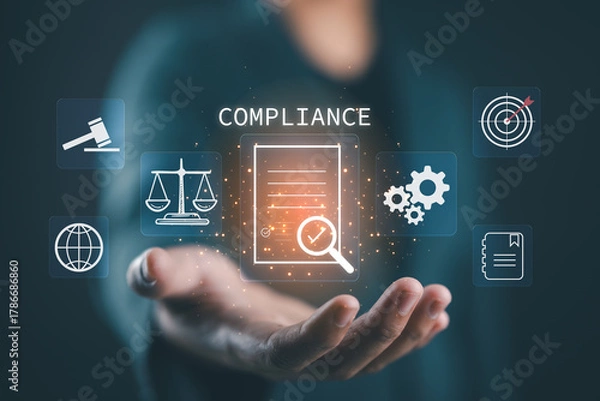 Fototapeta Business compliance and regulation concept showing digital document with check mark icon, symbolizing legal standards, corporate governance, risk management, policy, quality control in modern business