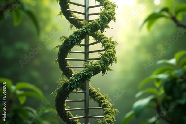 Obraz DNA helix entwined with moss in lush green forest, sunlight filtering through leaves. Nature meets science in serene botanical setting.