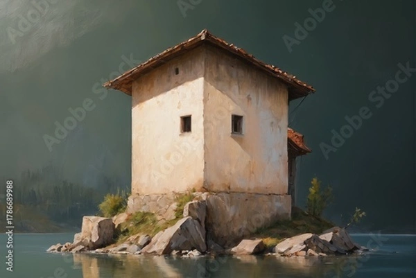 Obraz A rustic terracotta pot with rope handles sits on a dark surface, surrounded by delicate green vines and small yellow flowers, illuminated softly against a moody black background.