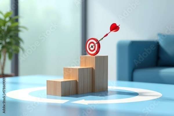 Obraz Red dart hits bullseye on wooden steps, symbolizing success. Minimalist room, light blue walls, clean design concept.