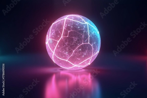 Obraz Neon pink sphere glows with teal circuit patterns, casting vibrant reflections on dark surface in futuristic digital space.