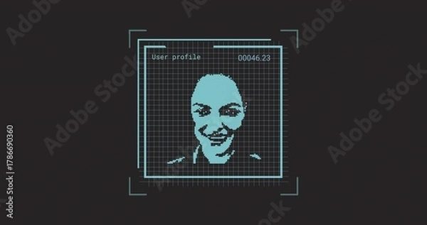 Fototapeta Displaying pixel-art cyan portrait with collared top centered in UI, showing User profile 00046