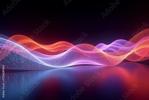 Fototapeta Neon waves of pink, blue and orange flow gracefully against dark backdrop, glowing softly on reflective surface.