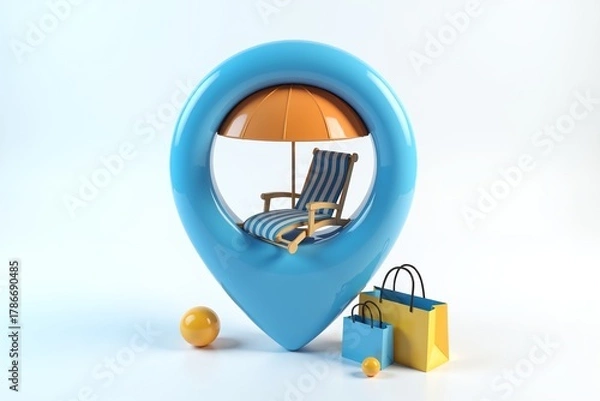 Fototapeta Beach chair under orange umbrella inside map pin, beside shopping bag and balls on clean white background.