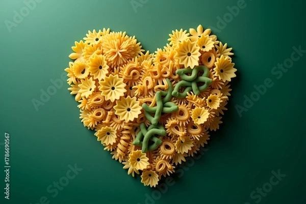Fototapeta Heart-shaped pasta arrangement: yellow, green, and star shapes on deep teal background. Creative food art design.