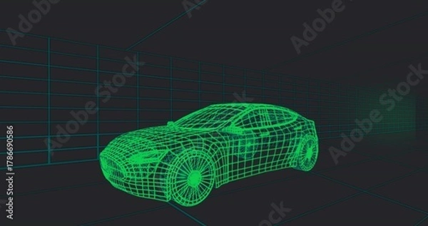 Obraz Displaying neon-green wireframe passenger car model occupying center of studio, with gridlines