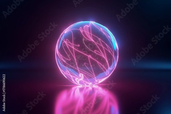 Fototapeta Neon pink sphere glows with teal circuit patterns, casting vibrant reflections on dark surface in futuristic digital space.