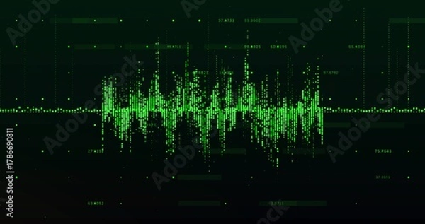 Fototapeta Displaying central neon green waveform pulsing on dark GUI, with numeric labels and guide lines
