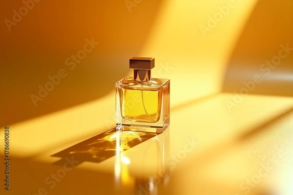 Obraz Golden perfume bottle bathed in warm sunlight, minimalist setting, elegant glow, serene luxury aesthetic.