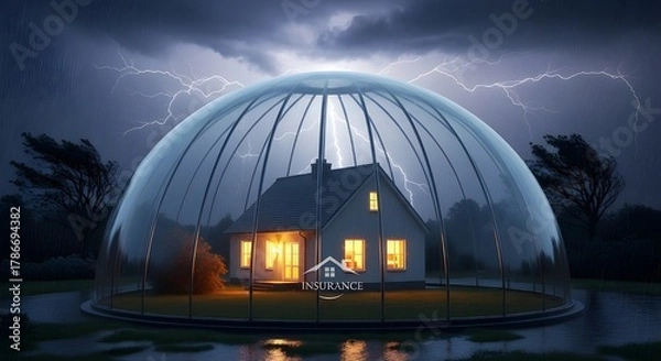 Fototapeta Amidst a stormy night with lightning striking, a cozy house stands protected within a transparent dome, its warm interior lights casting a hopeful glow, symbolizing security and assurance 