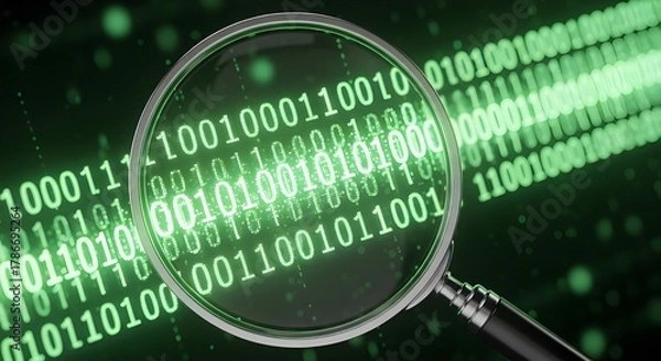 Fototapeta Illuminated binary code is magnified by a lens, creating an intriguing visual highlighting data analysis, security, and technological advancement in a modern green-toned, abstract representation.