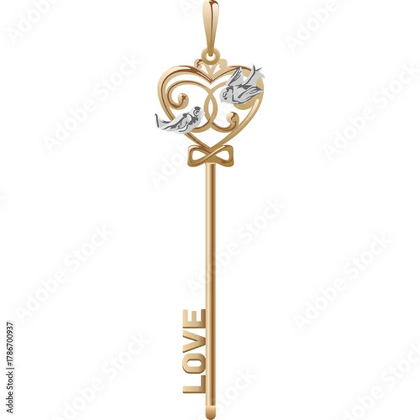 Fototapeta Elegant Golden Key Pendant Featuring Intricate Heart Design with Two Birds and the Word Love Engraved on a Transparent Background