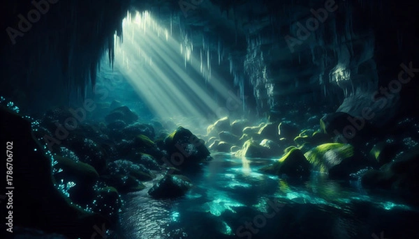 Fototapeta A cave illuminated by soft light beams, creating a serene atmosphere and highlighting the natural beauty of the rocks and water.