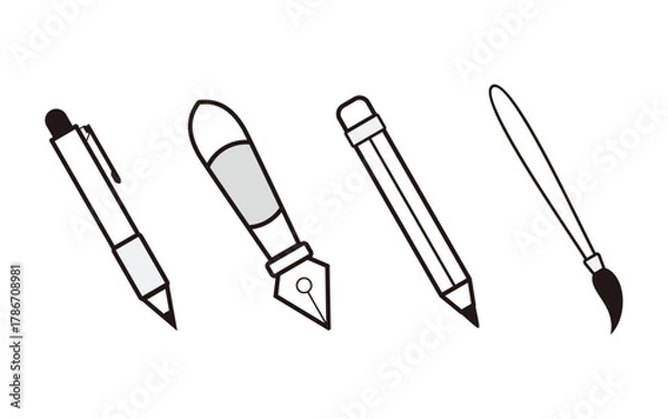 Obraz Icon set of stationery containing pen, pencil, and brush black and white vector illustration