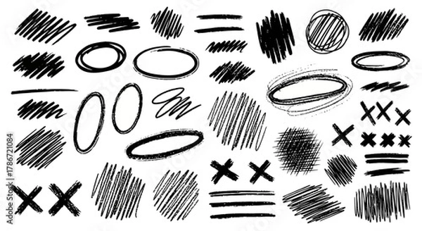 Fototapeta Variety of hand-drawn scribble elements for design and highlighting purposes, versatile doodles