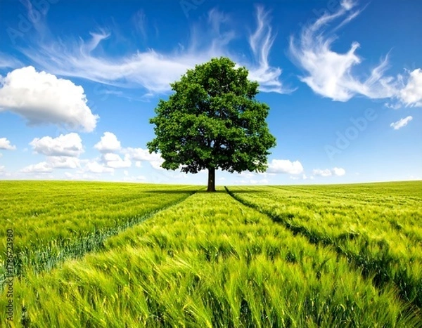 Fototapeta A lone leafy tree in a field under a bright blue sky with fluffy clouds