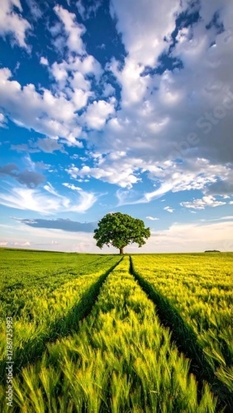 Fototapeta A lone tree stands in a field under a vast, bright blue sky