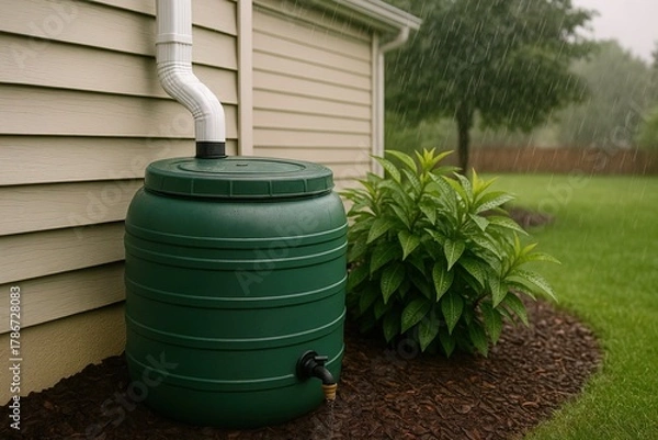Fototapeta Rain barrel collecting rainwater during rainfall