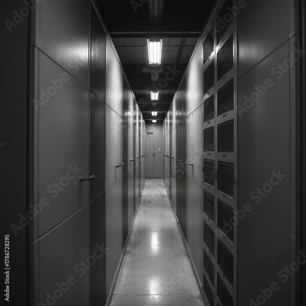 Fototapeta Narrow corridor of an archive with storage boxes and security features in black and white
