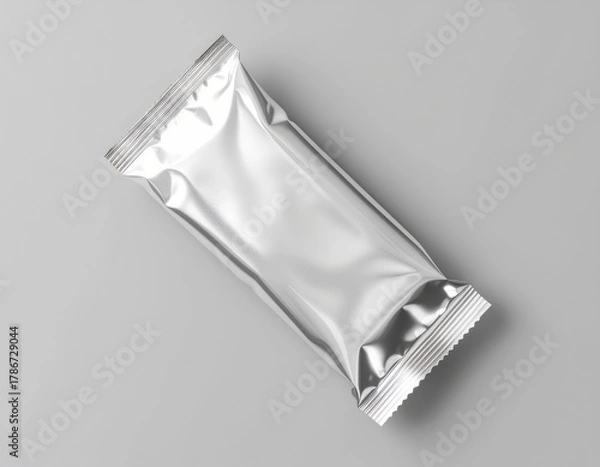 Fototapeta Silver foil package mockup for snack bar or chocolate on gray background