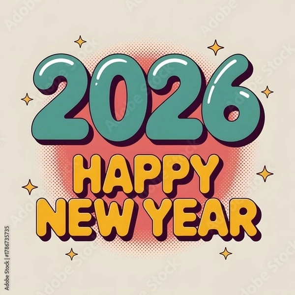 Obraz Happy new year 2026 text with stars and halftone effect