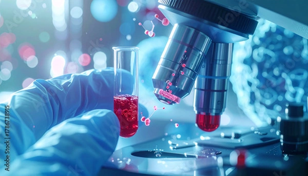 Fototapeta Scientific Exploration: A close-up shot of a scientist, diligently examining a sample under a microscope. capturing the essence of scientific discovery.