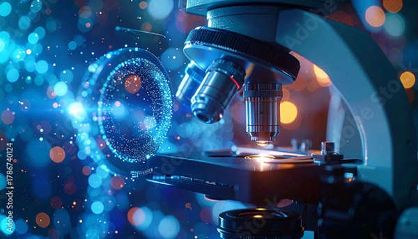 Fototapeta Microscope Exploration: A high-tech microscope focuses on a vibrant, illuminated structure, with bokeh effects and a futuristic glow, highlighting the beauty and complexity of scientific exploration.