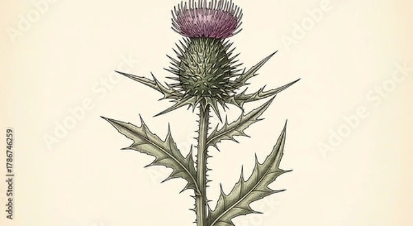 Fototapeta Detailed thistle blossom illustration with a prickly appearance botanical