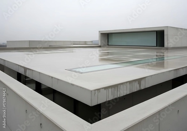 Fototapeta Contemporary architecture rooftop vista with rainwater reflecting scenery