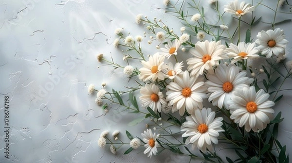 Fototapeta a simple corner bouquet of white daisies and soft greenery on a pure white background 