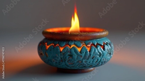 Fototapeta a single ceramic diya oil lamp on a bright white background, colorful design and photorealistic textureq