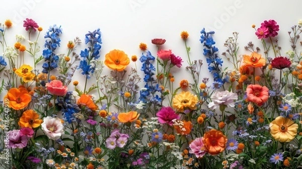 Fototapeta a single corner of colorful wildflowers arranged loosely on a white background and white surface