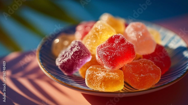 Fototapeta Gummy Candy Temptation: A close-up shot of a colorful assortment of gummy candies, artfully arranged on a patterned plate, offering a vibrant and inviting treat.