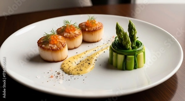 Fototapeta Gourmet seafood platter featuring seared scallops with salmon roe and artistic asparagus presentation