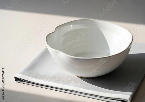 Fototapeta Minimalist White Bowl on Gray Napkin in Natural Light Composition