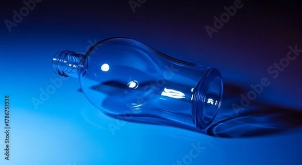 Fototapeta Serene blue studio shot of a sleek glass flask lying horizontally
