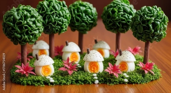 Obraz Quirky Easter egg characters standing in a tiny garden with green plants. Tiny village made of eggs, moss and trees on wood