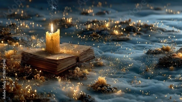Fototapeta Candle burning atop an open book amidst a dreamlike, hazy landscape