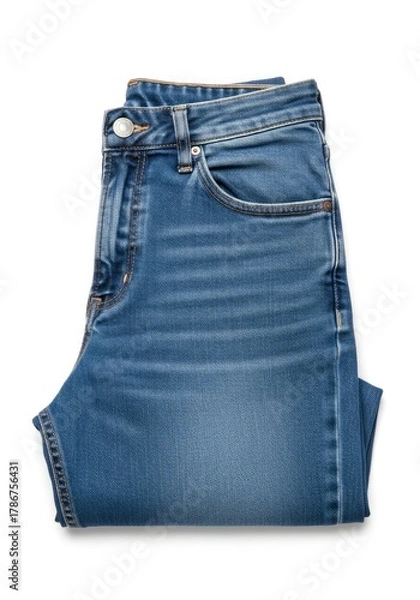 Fototapeta A neatly folded pair of blue denim trousers with visible stitching a metal button and front pockets displayed against a clean white background